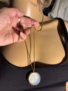 Gold-Tone Moon Face Locket Pendant Necklace with Iridescent White Cabochon